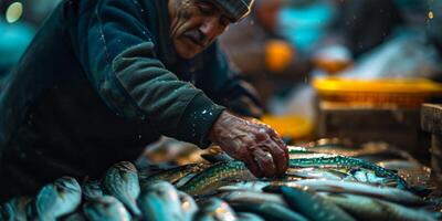 ai generado vende pescado a el mercado generativo ai foto