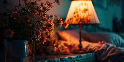 ai generado lámpara y florero con flores en el cabecera mesa siguiente a el cama generativo ai foto