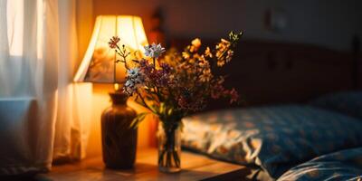 ai generado lámpara y florero con flores en el cabecera mesa siguiente a el cama generativo ai foto