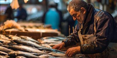 ai generado vende pescado a el mercado generativo ai foto