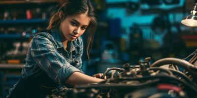 ai generado niña mecánico mecánico fijación un coche generativo ai foto