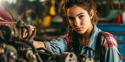 AI generated girl mechanic mechanic fixing a car Generative AI photo