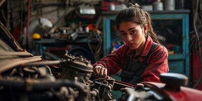 ai generado niña mecánico mecánico fijación un coche generativo ai foto