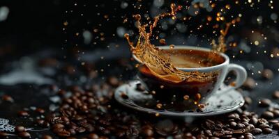 AI generated cup of coffee coffee beans splashes Generative AI photo