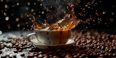 AI generated cup of coffee coffee beans splashes Generative AI photo