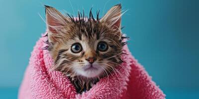 AI generated wet kitten in a pink towel Generative AI photo