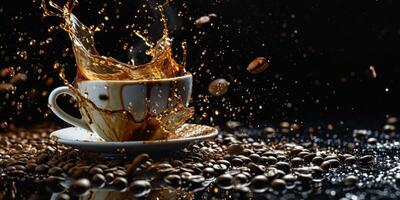 AI generated cup of coffee coffee beans splashes Generative AI photo