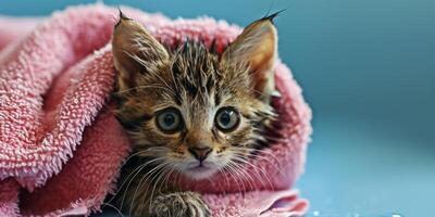 AI generated wet kitten in a pink towel Generative AI photo