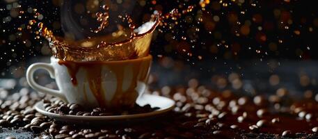 AI generated cup of coffee coffee beans splashes Generative AI photo