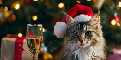 AI generated cat in a Santa Claus hat and a glass of champagne Christmas Generative AI photo