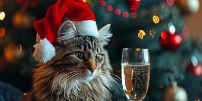 AI generated cat in a Santa Claus hat and a glass of champagne Christmas Generative AI photo