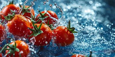 AI generated fresh tomatoes splashing water Generative AI photo