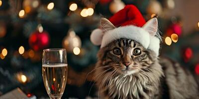 AI generated cat in a Santa Claus hat and a glass of champagne Christmas Generative AI photo