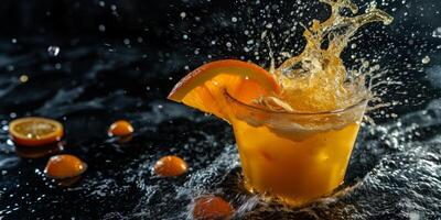 ai generado naranja jugo con naranja rebanadas chapoteo generativo ai foto