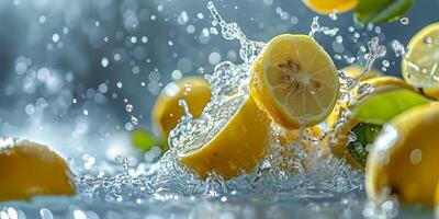 AI generated sliced lemons splashing water Generative AI photo