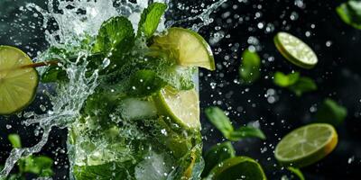 AI generated cut lime pieces splashes of water Generative AI photo