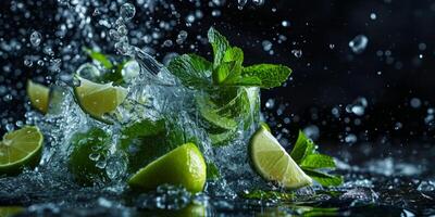 AI generated cut lime pieces splashes of water Generative AI photo