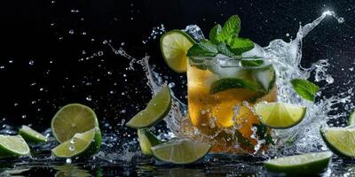 AI generated cut lime pieces splashes of water Generative AI photo