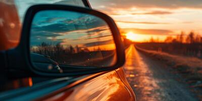 ai generado reflexión de el la carretera y puesta de sol en el lado espejo generativo ai foto