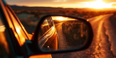 ai generado reflexión de el la carretera y puesta de sol en el lado espejo generativo ai foto