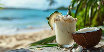 AI generated coconut milk cocktail on the beach Generative AI photo