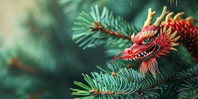 AI generated dragon against the background of the Christmas tree Generative AI photo