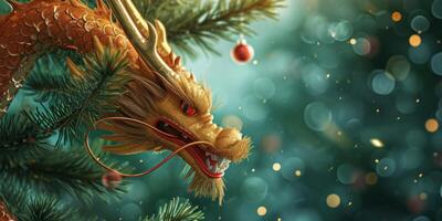 AI generated dragon against the background of the Christmas tree Generative AI photo