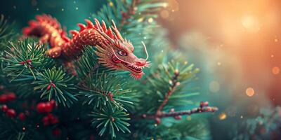 AI generated dragon against the background of the Christmas tree Generative AI photo