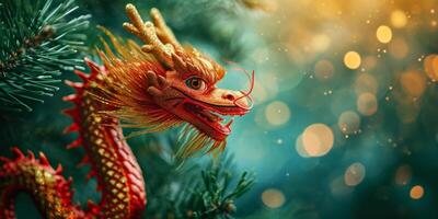 AI generated dragon against the background of the Christmas tree Generative AI photo