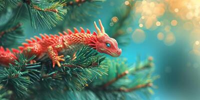 AI generated dragon against the background of the Christmas tree Generative AI photo