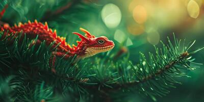 AI generated dragon against the background of the Christmas tree Generative AI photo