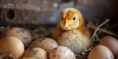 ai generado pollo eclosión huevos en el nido generativo ai foto