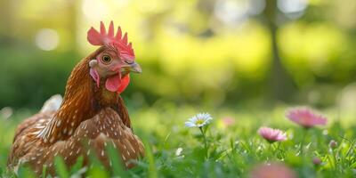 ai generado pollo en verde césped generativo ai foto