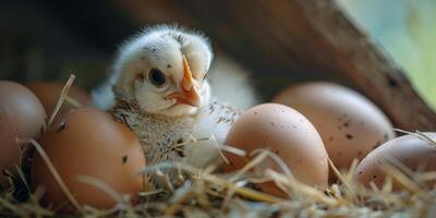 ai generado pollo eclosión huevos en el nido generativo ai foto