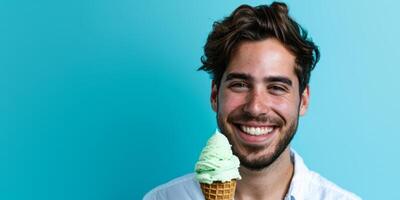 AI generated man with ice cream on a blue background Generative AI photo