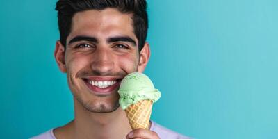 AI generated man with ice cream on a blue background Generative AI photo