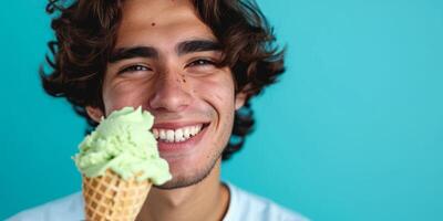 ai generado hombre con hielo crema en un azul antecedentes generativo ai foto