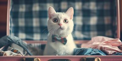 AI generated A cat in a bow tie sits in an open suitcase among clothes Generative AI photo