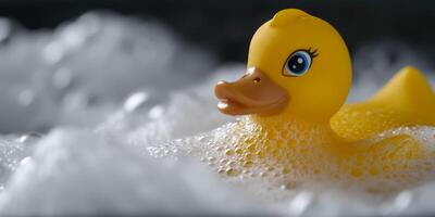 ai generado amarillo Pato en un espuma bañera generativo ai foto