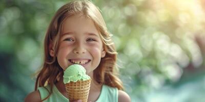 ai generado niño comiendo hielo crema en un borroso antecedentes generativo ai foto