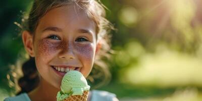 ai generado niño comiendo hielo crema en un borroso antecedentes generativo ai foto