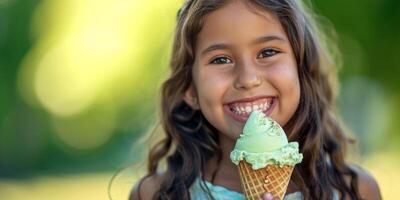 ai generado niño comiendo hielo crema en un borroso antecedentes generativo ai foto