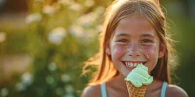 ai generado niño comiendo hielo crema en un borroso antecedentes generativo ai foto