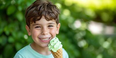 ai generado niño comiendo hielo crema en un borroso antecedentes generativo ai foto