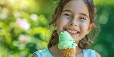 ai generado niño comiendo hielo crema en un borroso antecedentes generativo ai foto