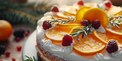 AI generated cake with citrus fruits close-up Generative AI photo