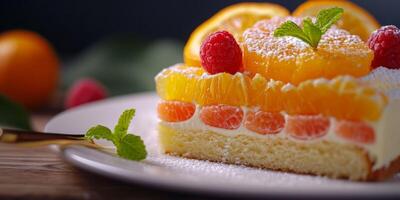 AI generated cake with citrus fruits close-up Generative AI photo