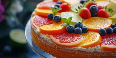 AI generated cake with citrus fruits close-up Generative AI photo