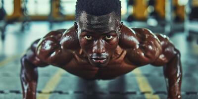 ai generado hombre haciendo Lagartijas en el gimnasio generativo ai foto