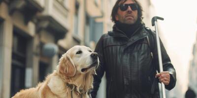 AI generated a blind man walks with a guide dog down the street Generative AI photo